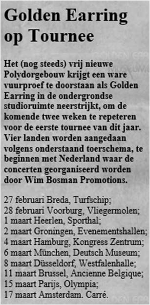 February March 1975 Golden Earring tourdates publication Schiedams Stadsblad_19750219